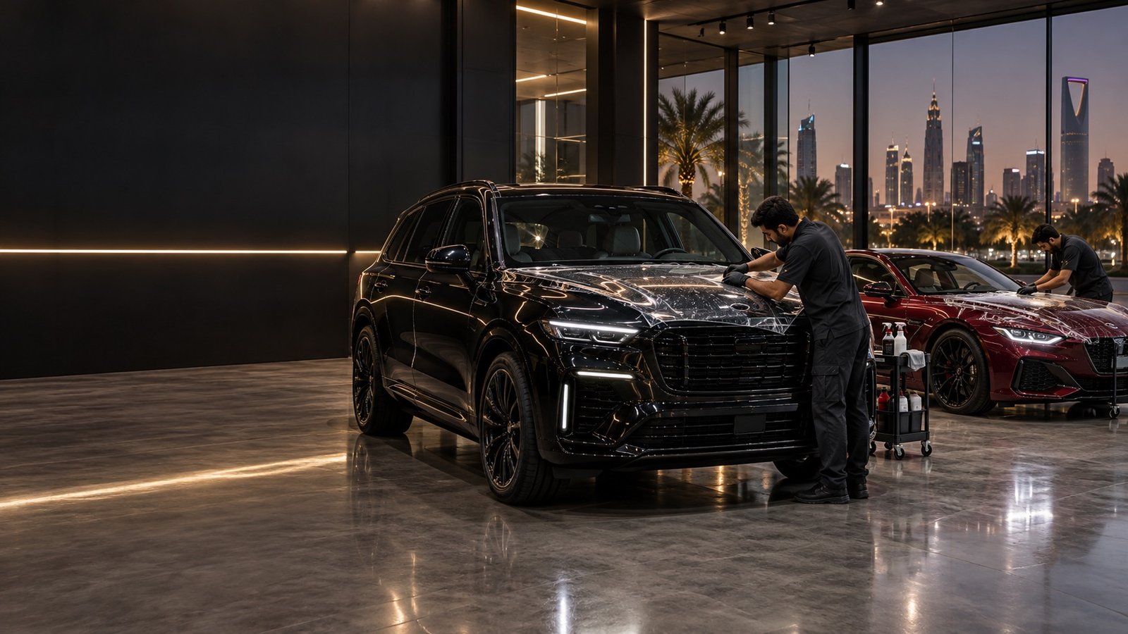 Technician applying paint protection film to a luxury car in a modern Riyadh studio