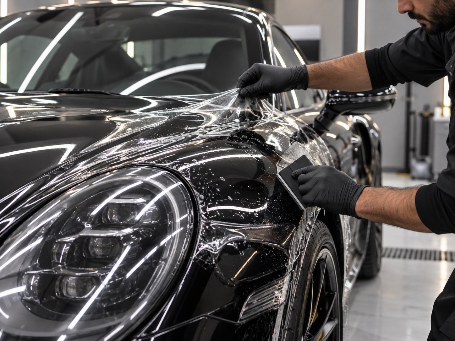 Clear paint protection film being installed on a car