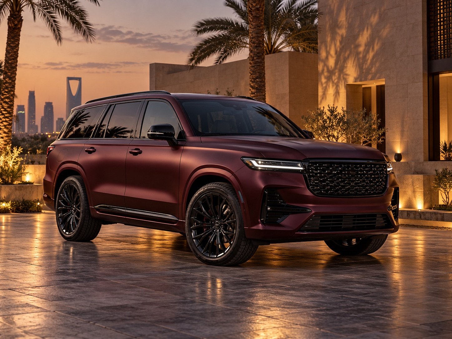 A wrapped luxury vehicle in a Saudi courtyard