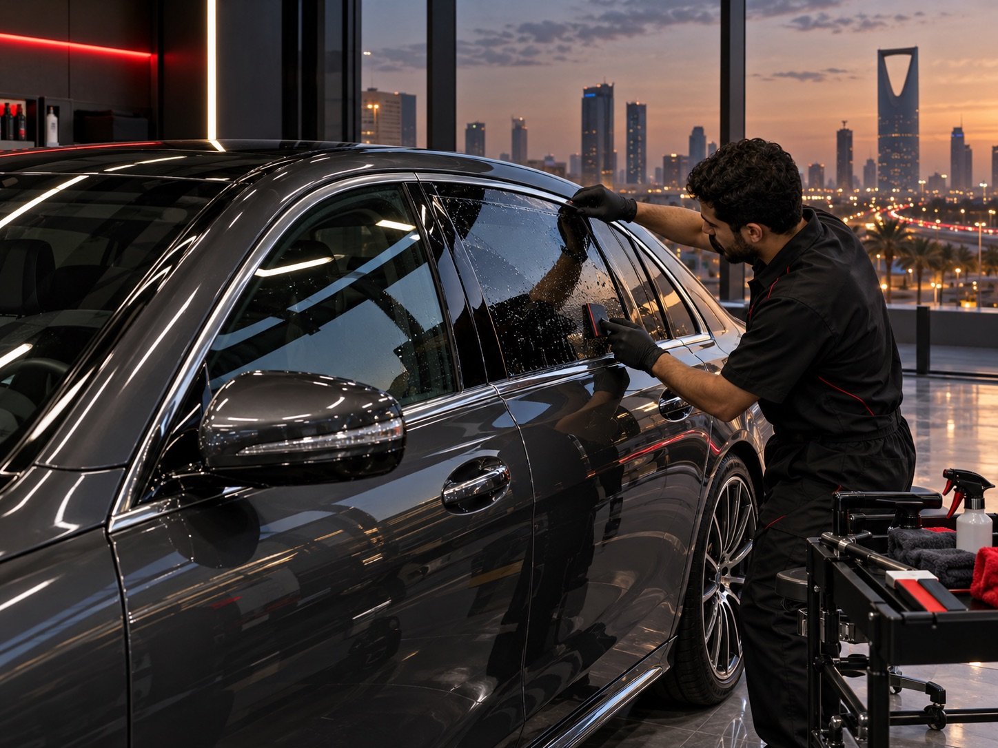 Technician installing automotive window film